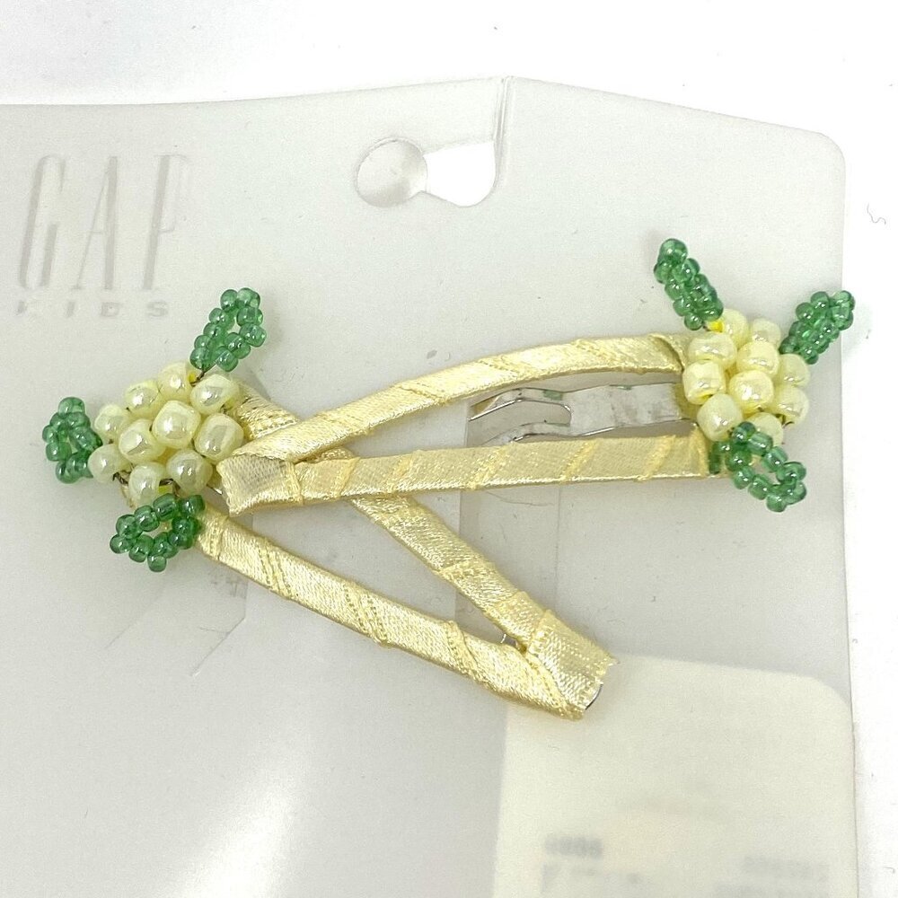 Vintage GAP Set of 2 Yellow Ribbon Covered Snap Hair Clips Beaded Floral Accent